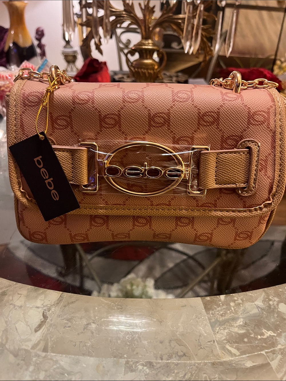 bebe Pink Logo Pattern Chain Crossbody with Gold Hardware